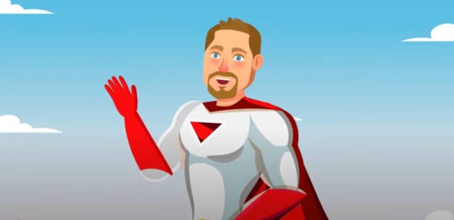 Cartoon superhero waving against blue sky