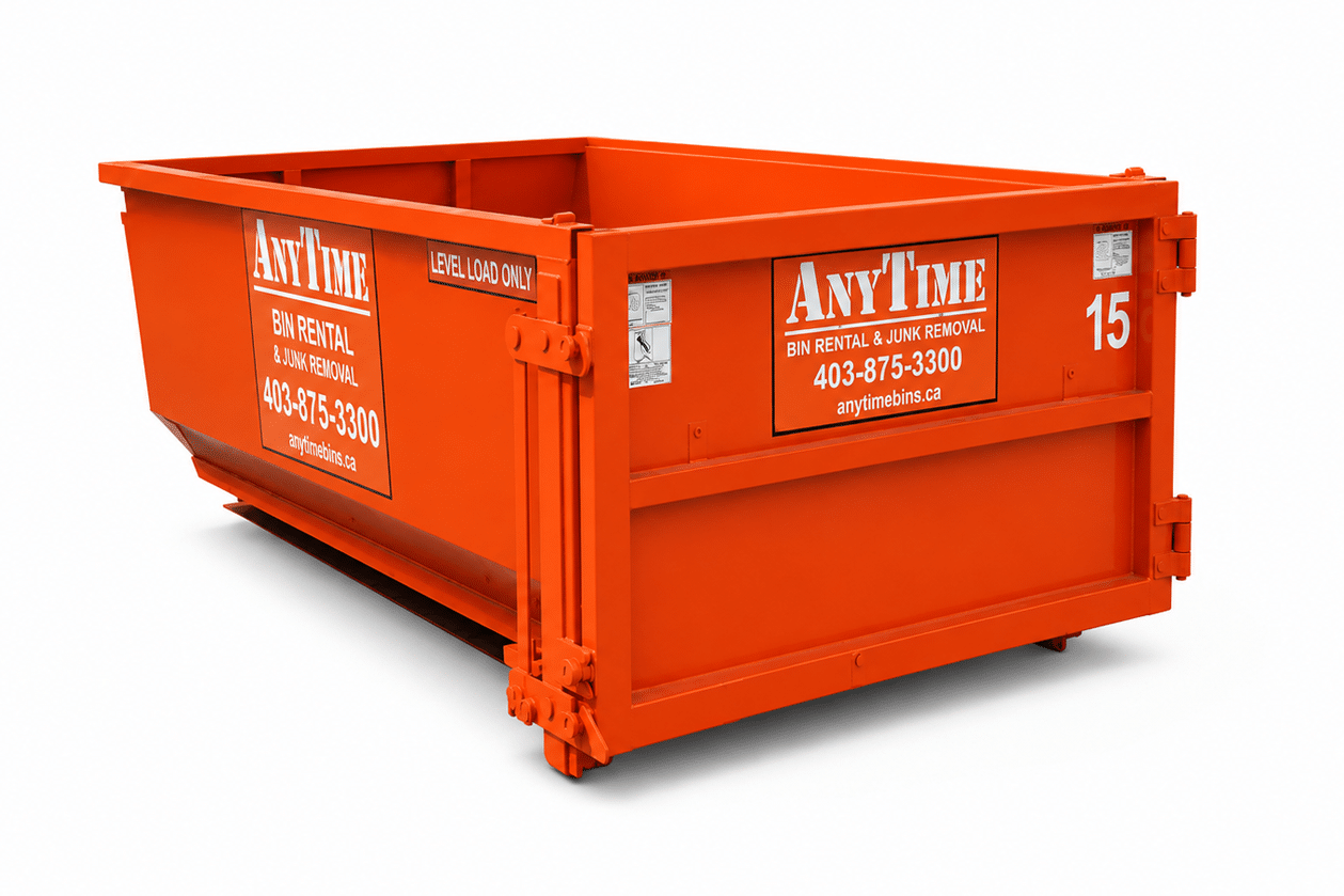 Bright orange dumpster bin for rent