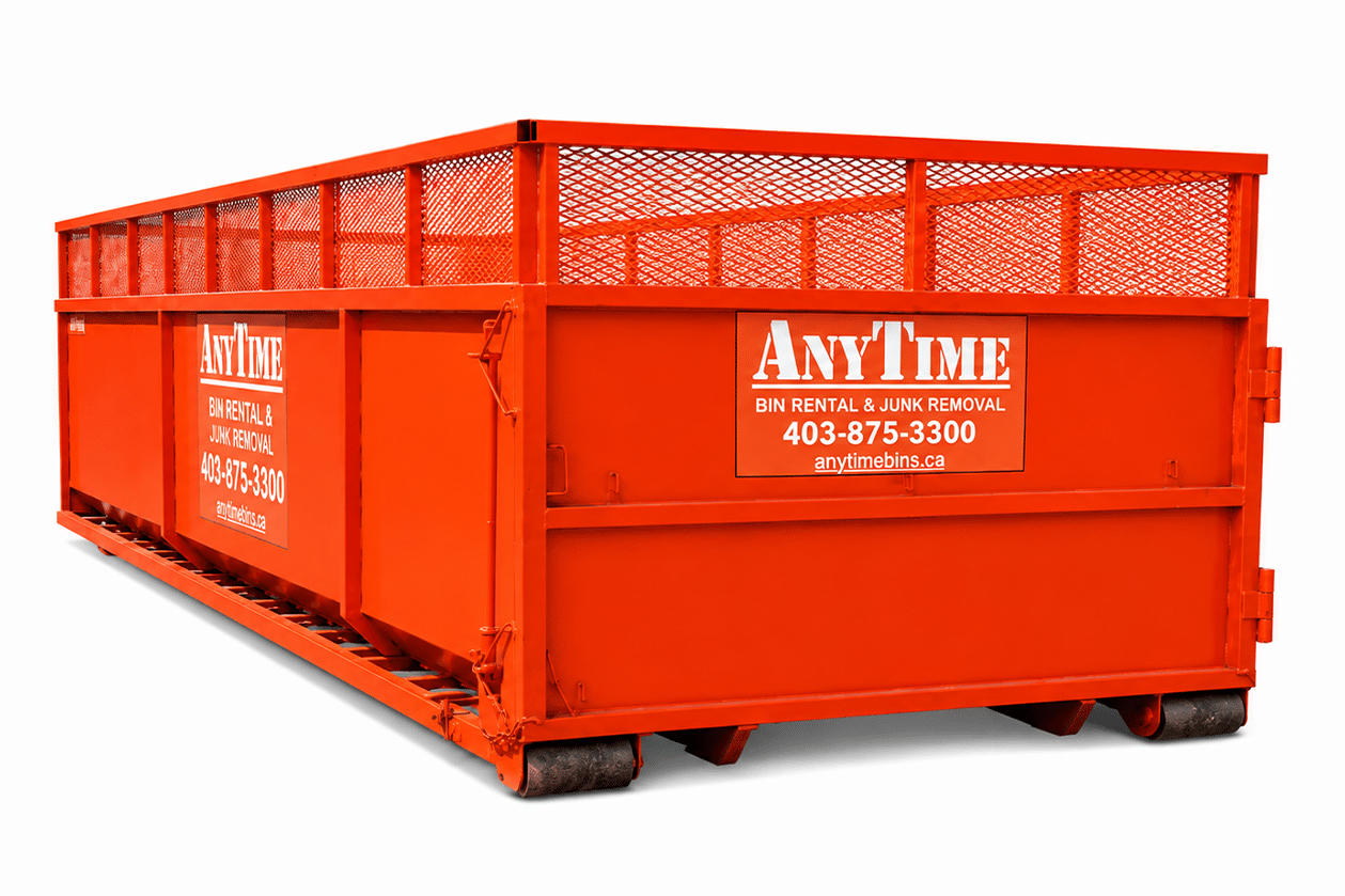 Bright orange dumpster bin with mesh sides